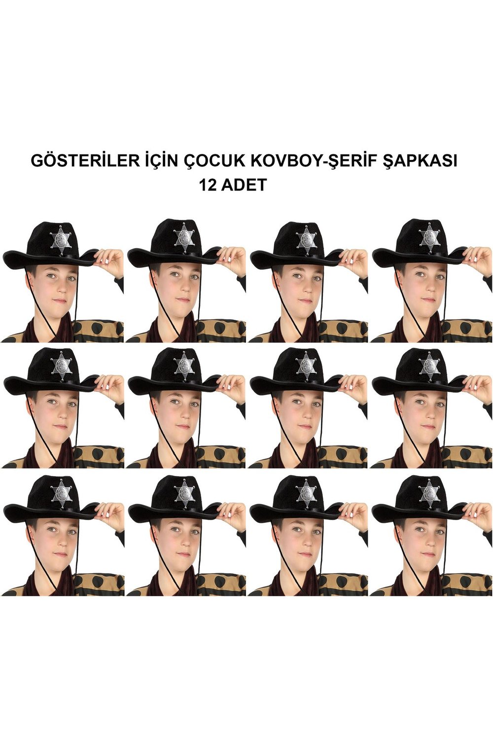 Kovboy Şerif Şapkası Siyah 12 Adet - Kostüm, Parti ve Gösteri Şapkası