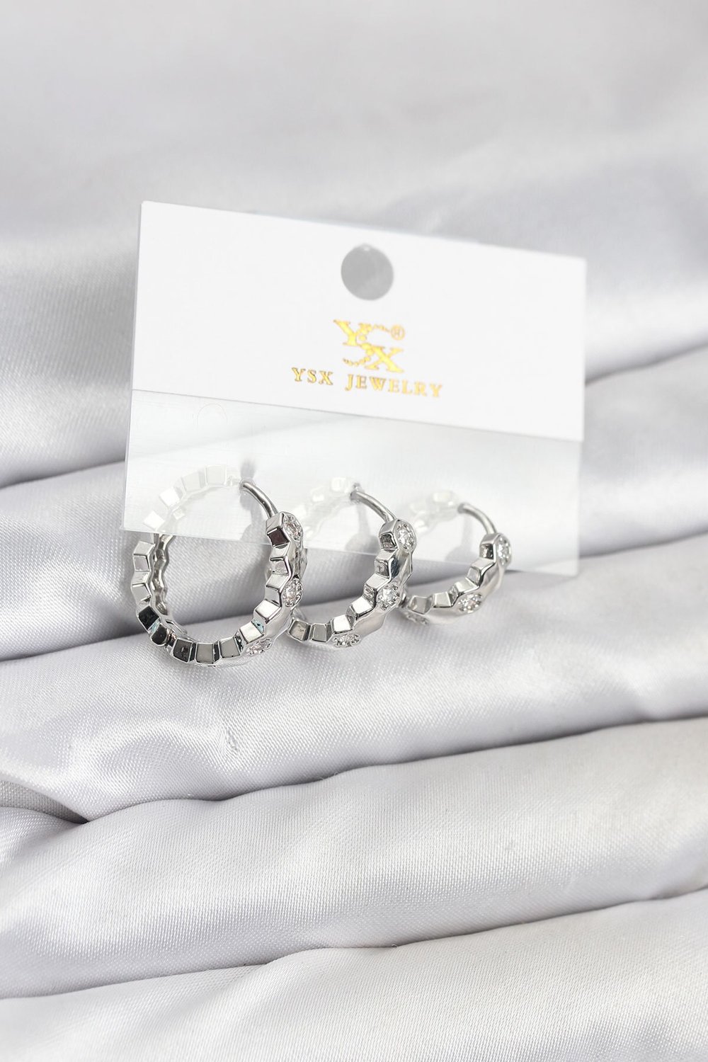 Pirinç Gümüş Renk Zirkon Taşlı Petek Halka Model YSX Trio Küpe Seti