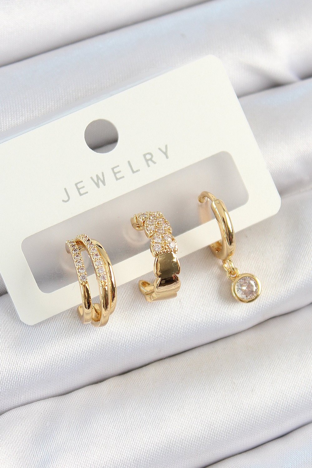 Pirinç Zirkon Taşlı Halka Model Gold Renk 3lü Çift Kadın Küpe Set