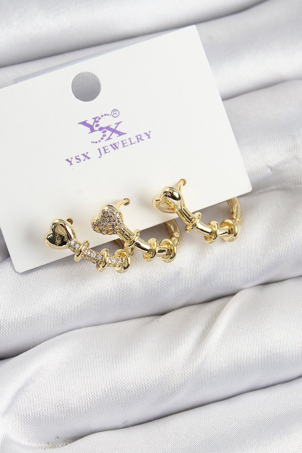 Pirinç Zİrkon Taşlı Kalp Model Gold Renk 3lü Kadın Küpe