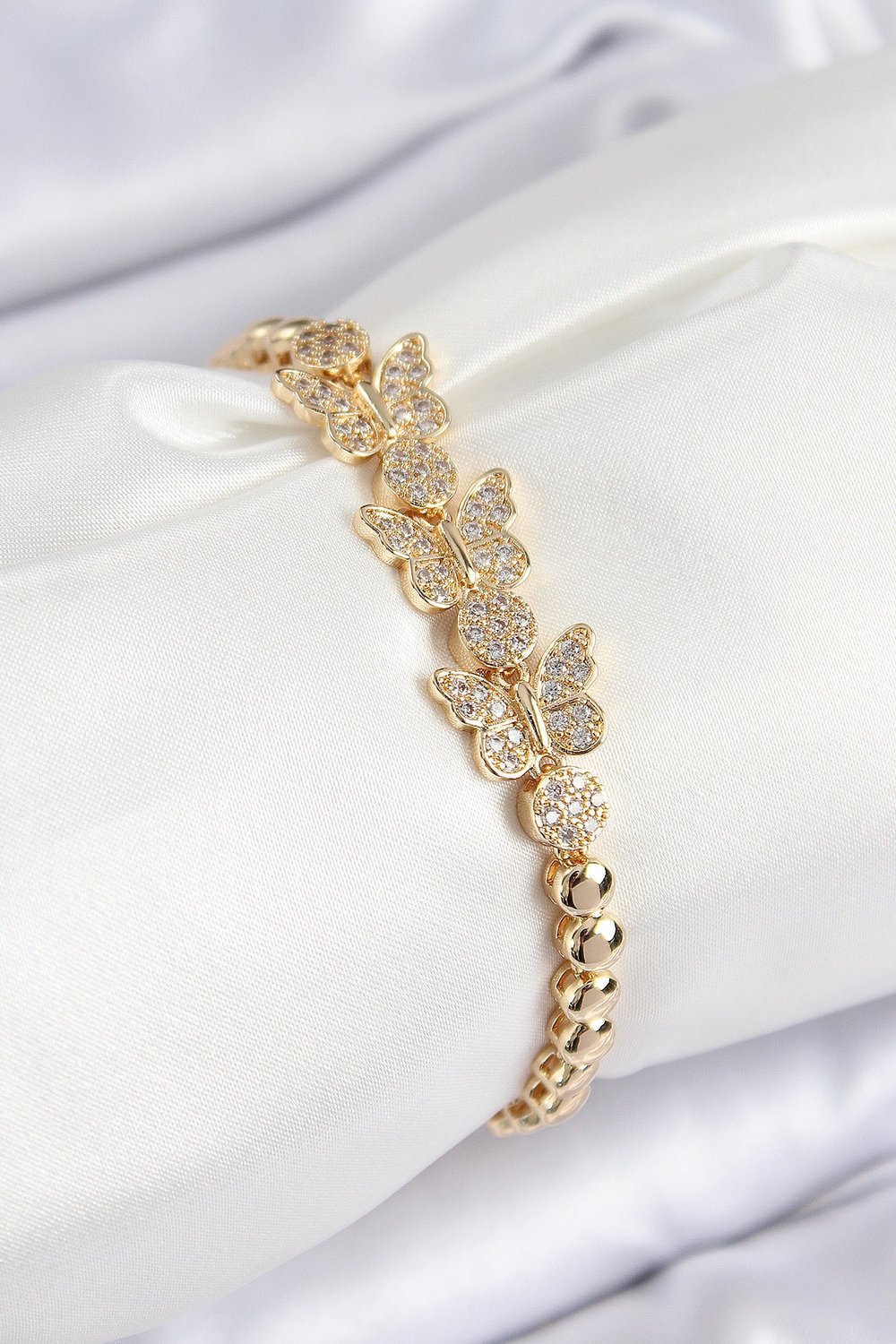 Pirinç Zirkon Taşlı Kelebek Model Gold Renk Kadın Bileklik