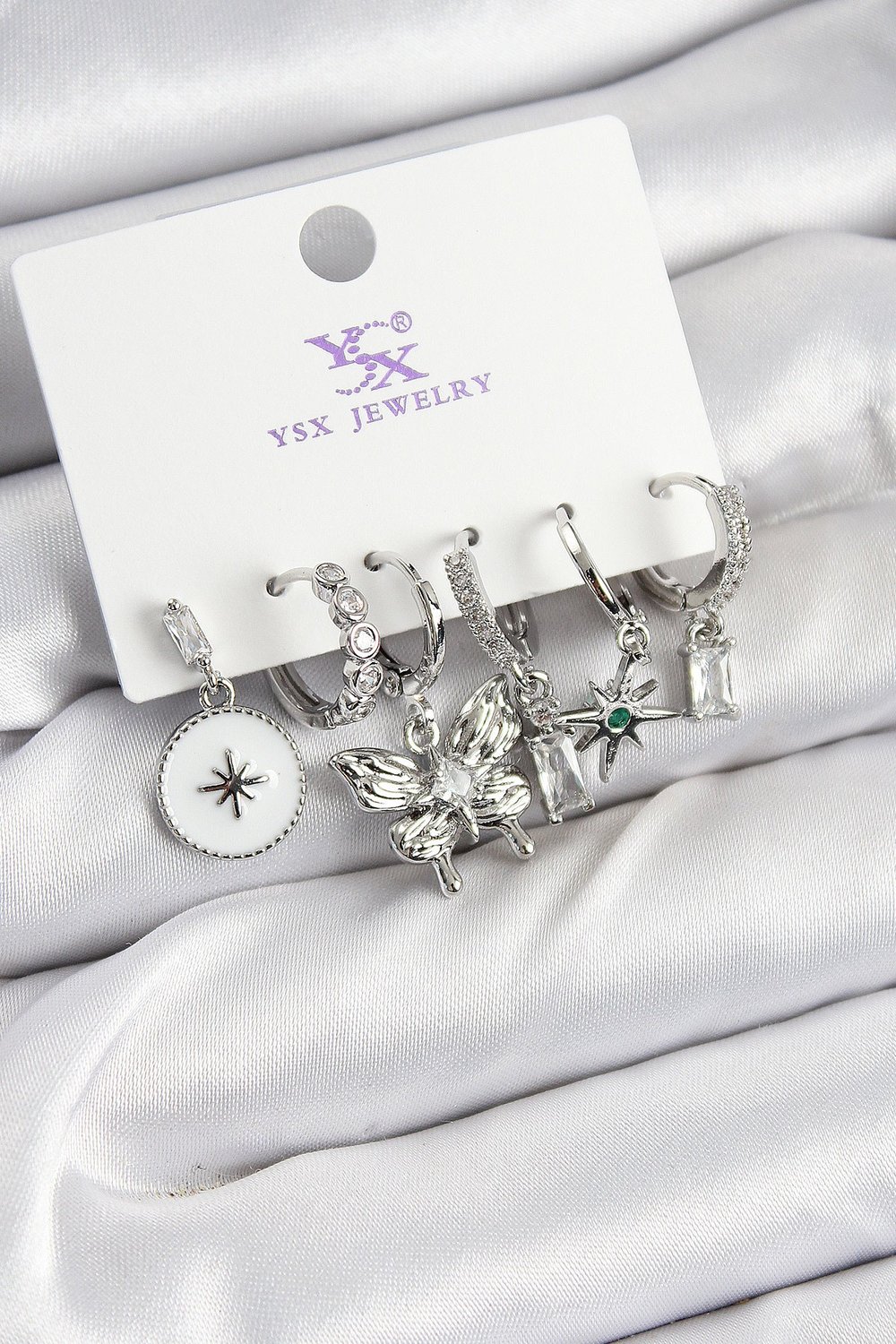 Pirinç Zİrkon Taşlı Kelebek ve Yıldız Model Gümüş Renk 3lü Çift Kadın Küpe