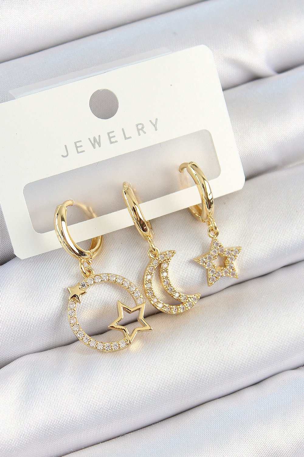 Pirinç Zirkon Taşlı Yıldız Ve Ay Model Gold Renk 3lü Kadın Küpe Set