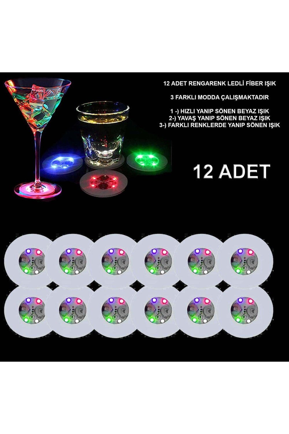 Renkli LED Işıklı Bardak Altlığı - Dekoratif (12 Adet, Pilli)