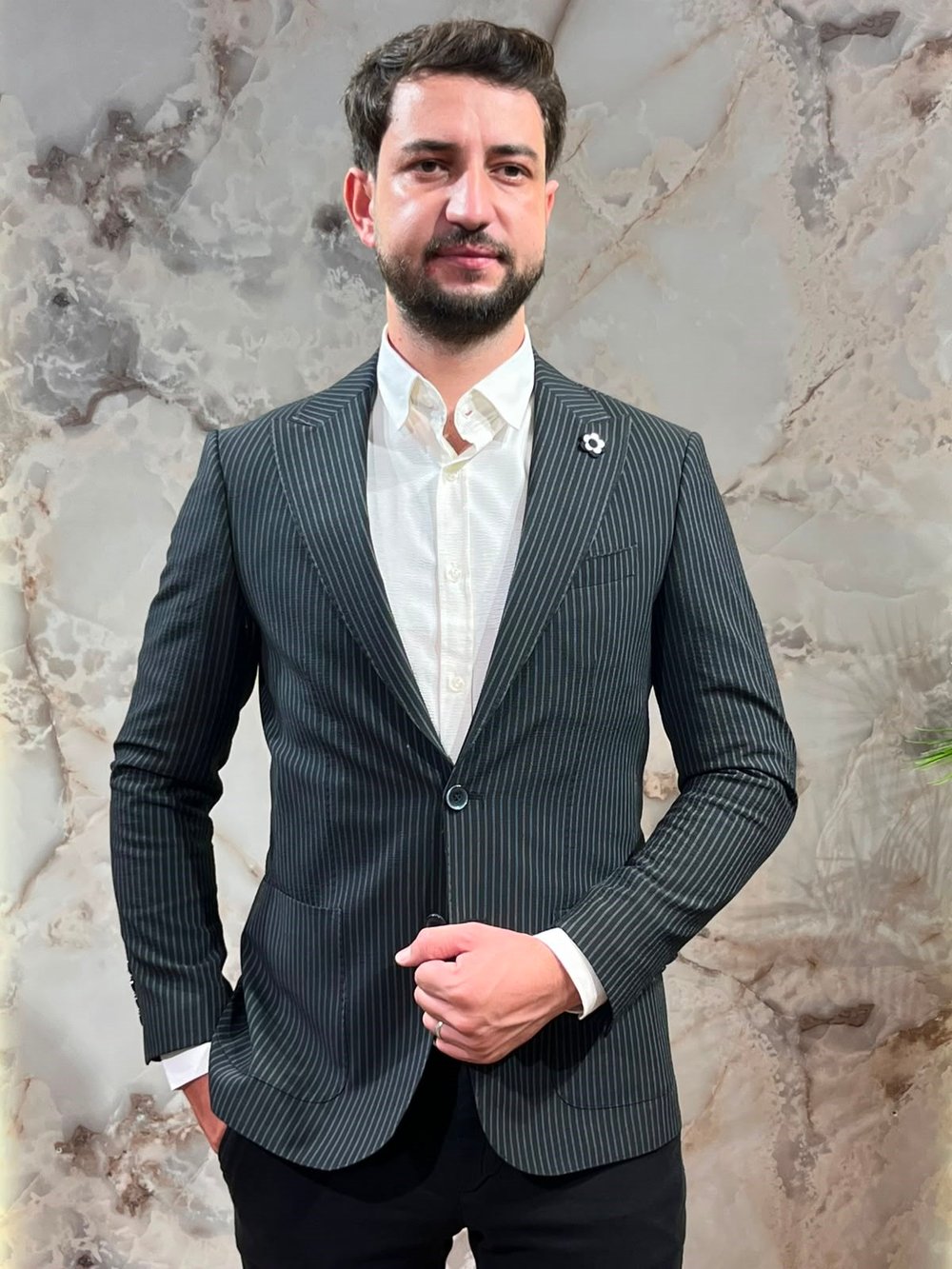 ERKEK SİYAH ÇİZGİLİ BLAZER CEKET|SLİM FİT TEK DÜĞMELİ PREMİUM CEKET