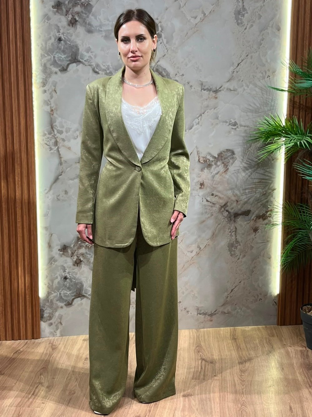 KADIN HAKİ BLAZER CEKET BOL PAÇA PANTOLON TAKIM 