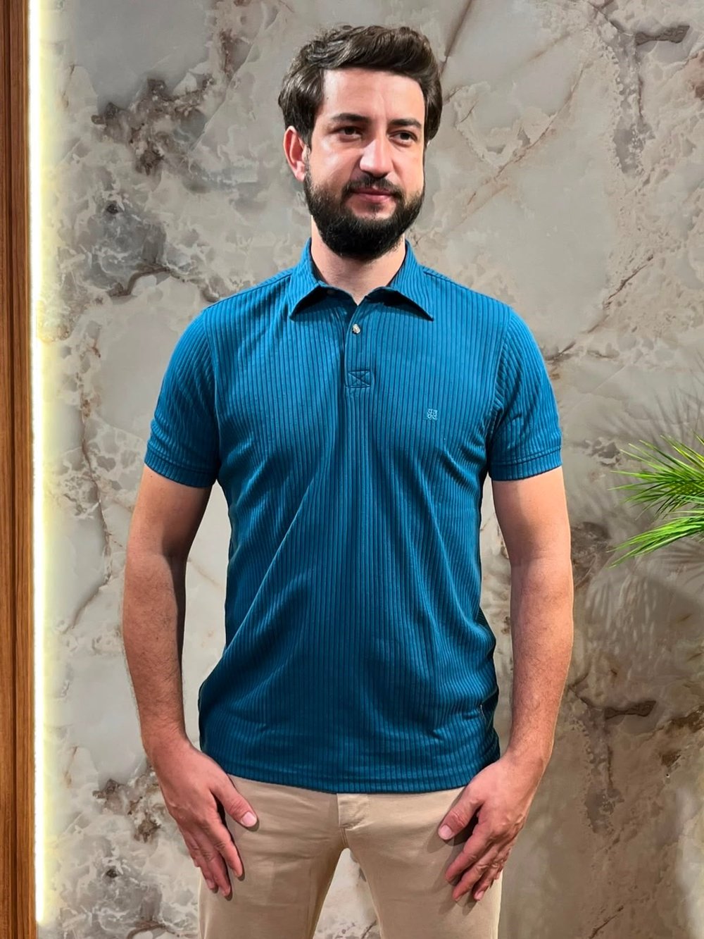 KENDİNDEN ÇİZGİLİ RAHAT MAVİ POLO YAKA TİŞÖRT
