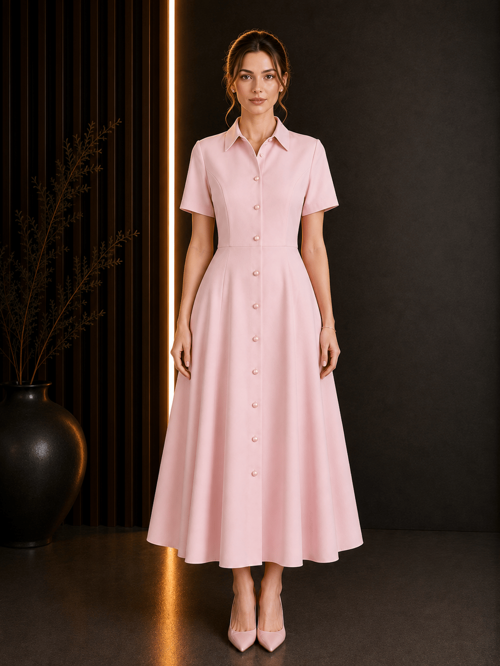 PEMBE İNCİ DETAYLI MİDİ ELBİSE