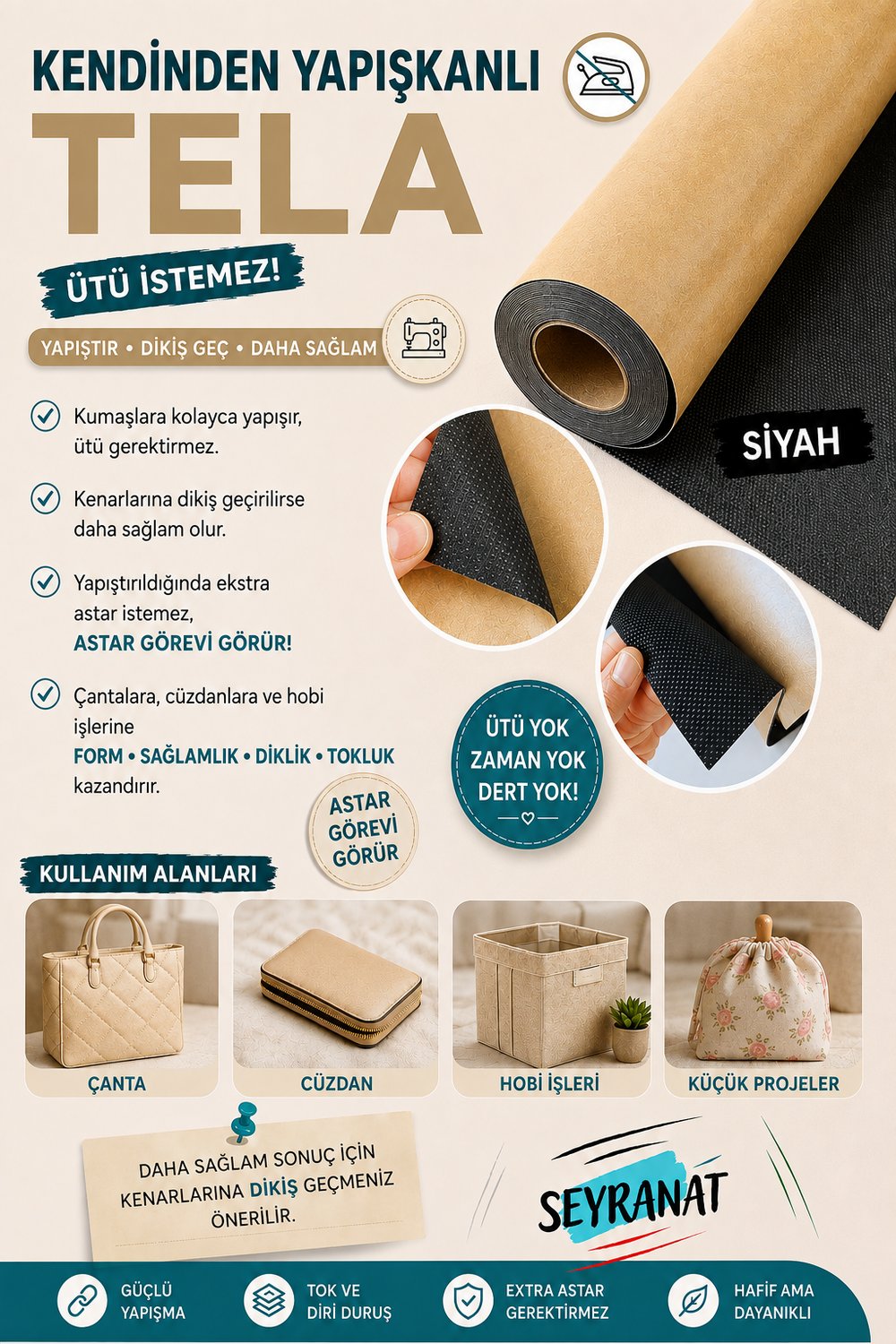 1 Metre 120 Gr Eni 78 Cm Kendinden Yapışkanlı Siyah Tela