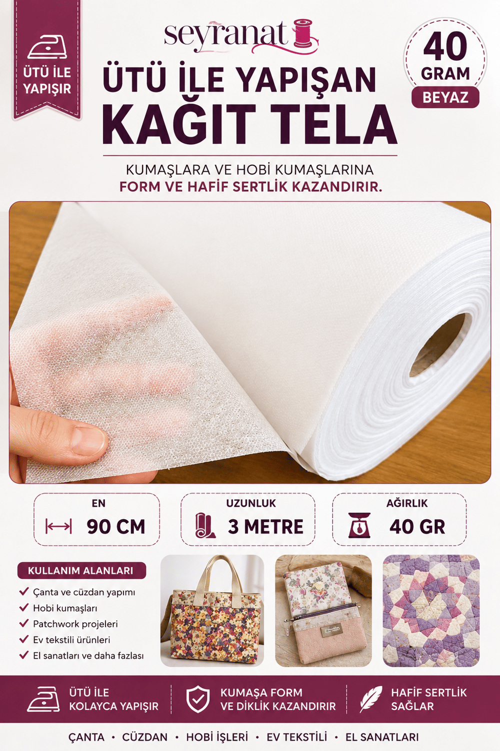 3 Metre Eni 90 Cm 40 Gr Beyaz Ütü İle Yapışan Kağıt Tela