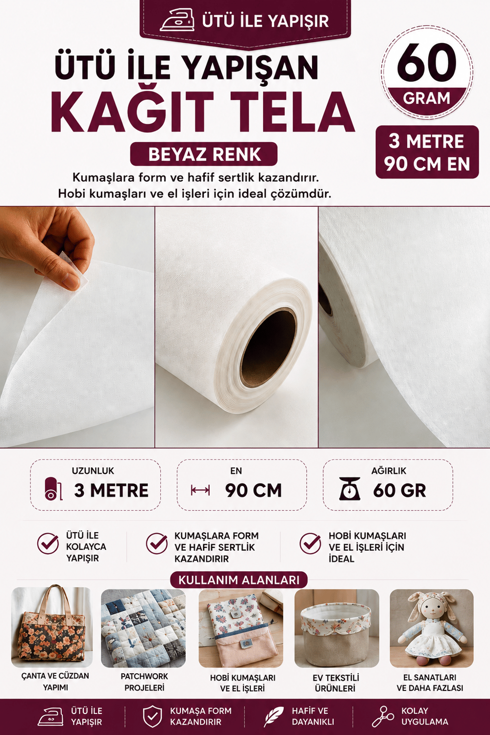 3 Metre Eni 90 Cm 60 Gr Beyaz Renk Ütü İle Yapışan Kağıt Tela