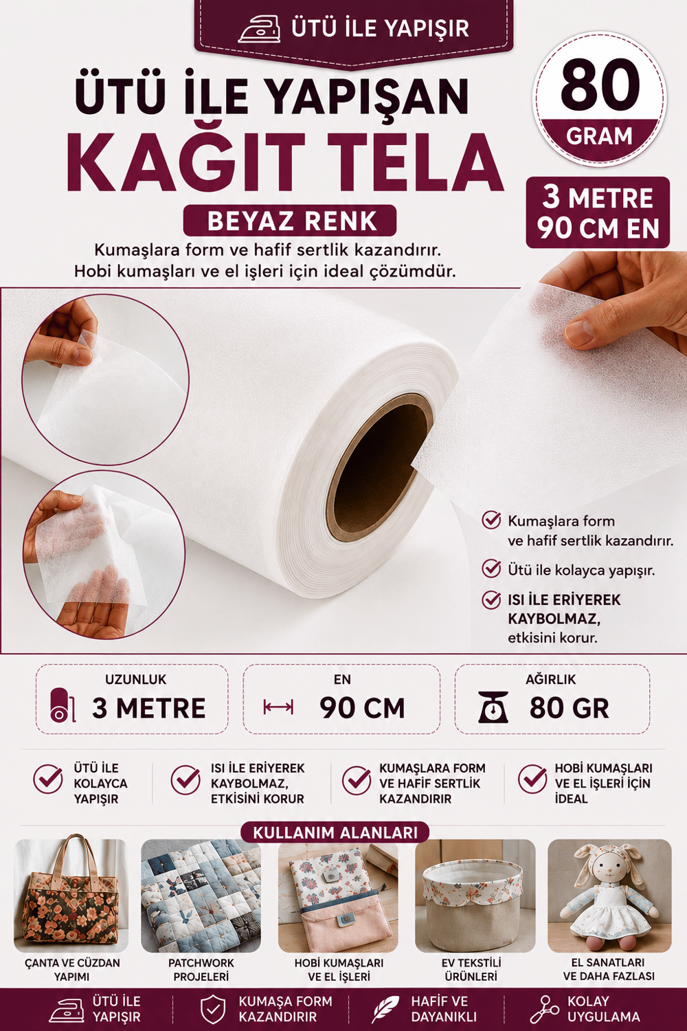 3 Metre Eni 90 Cm 80 Gr Beyaz Renk Ütü İle Yapışan Kağıt Tela