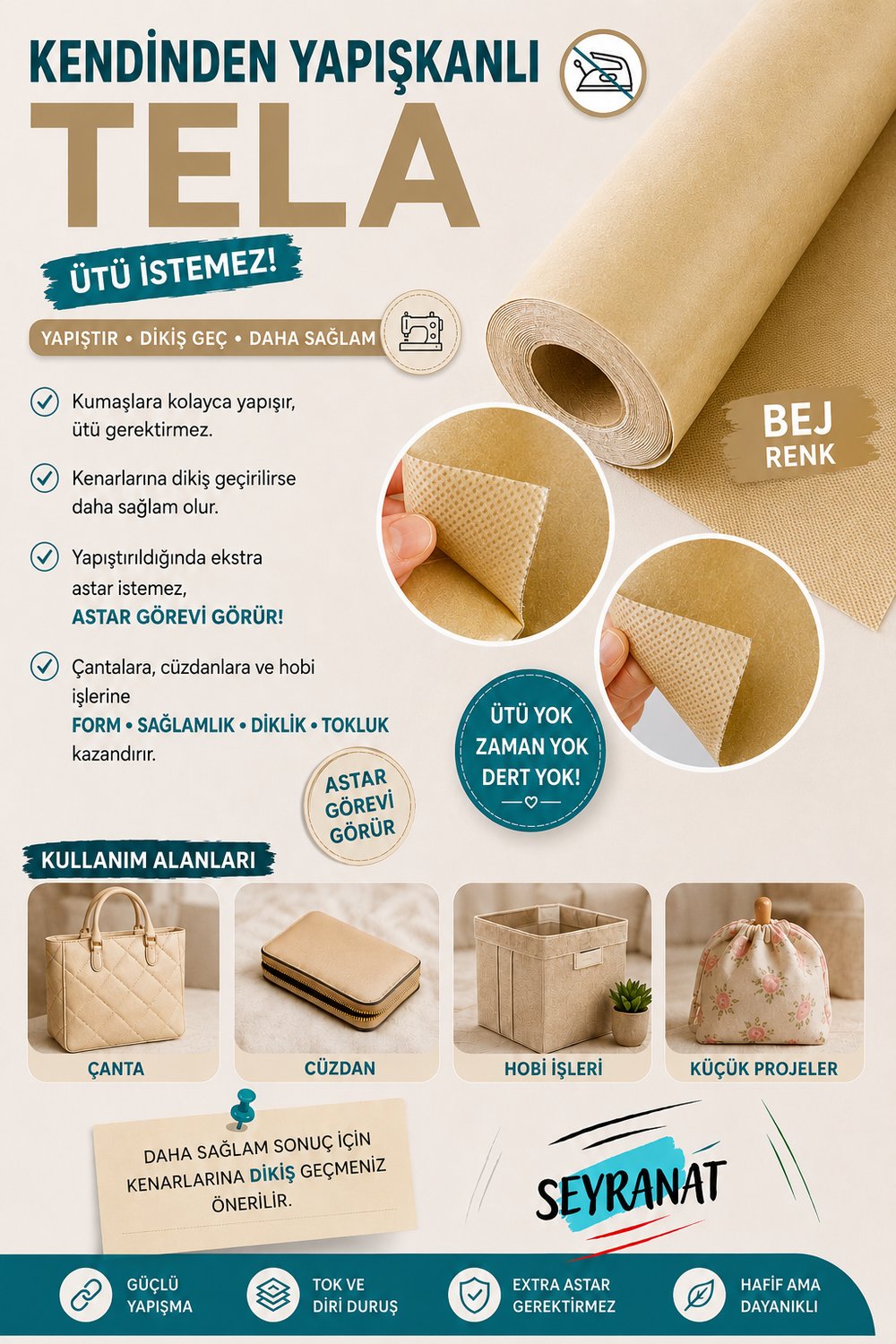 Kendinden Yapışkanlı 1 Metre 120 Gr Bej Tela