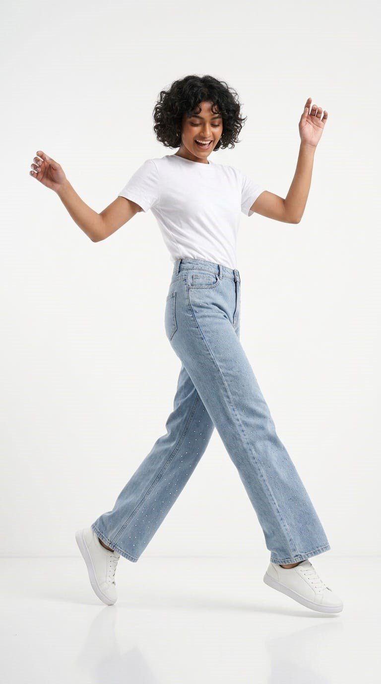 Önü Taşlı Düz Paça Mavi Kot Pantolon