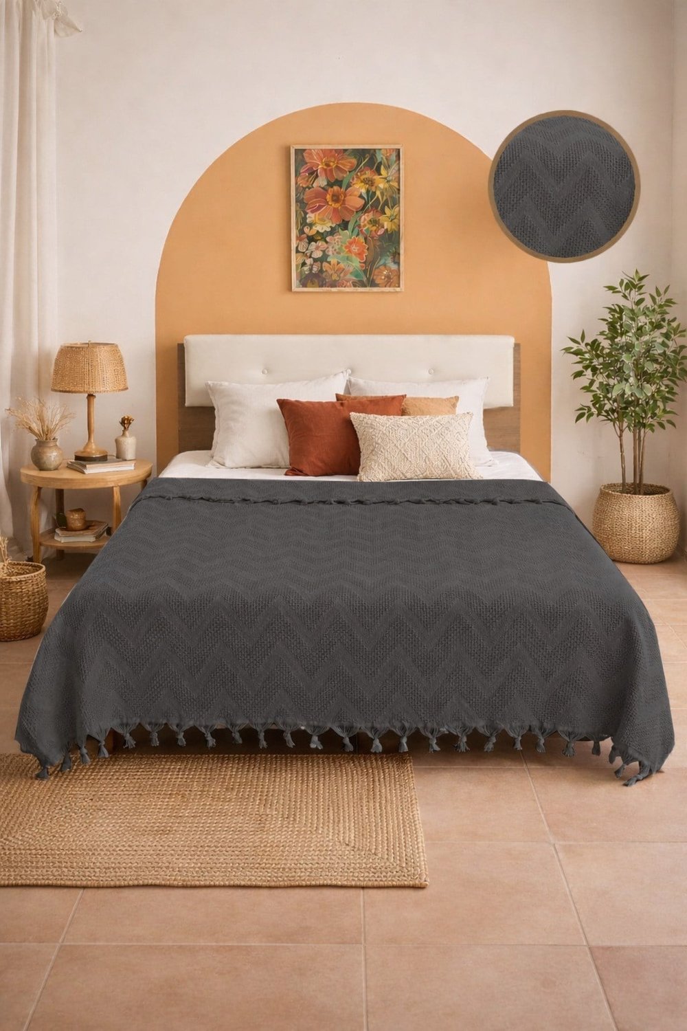Bohem Elit Jakarlı Çift Kişilik Pamuklu Pike | 200x230 cm | Saçak Detaylı | Modern & Doğal Şıklık