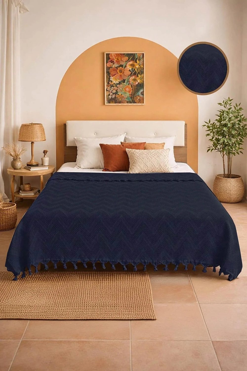 Bohem Elit Jakarlı Çift Kişilik Pamuklu Pike | 200x230 cm | Saçak Detaylı | Modern & Doğal Şıklık