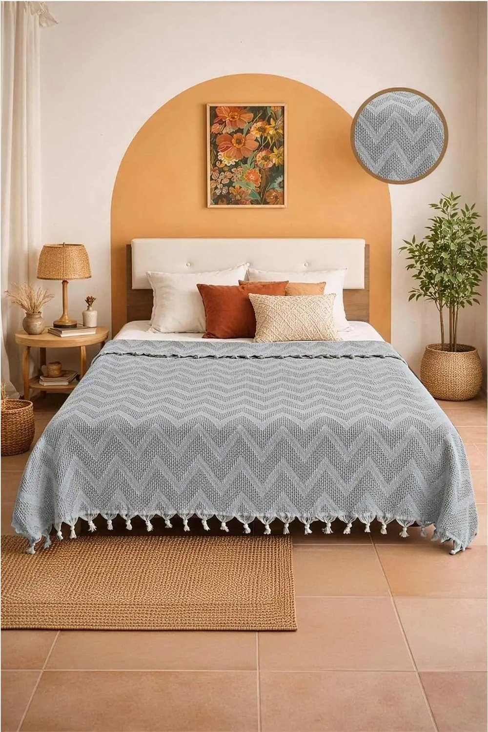Bohem Elit Jakarlı Çift Kişilik Pamuklu Pike | 200x230 cm | Saçak Detaylı | Modern & Doğal Şıklık