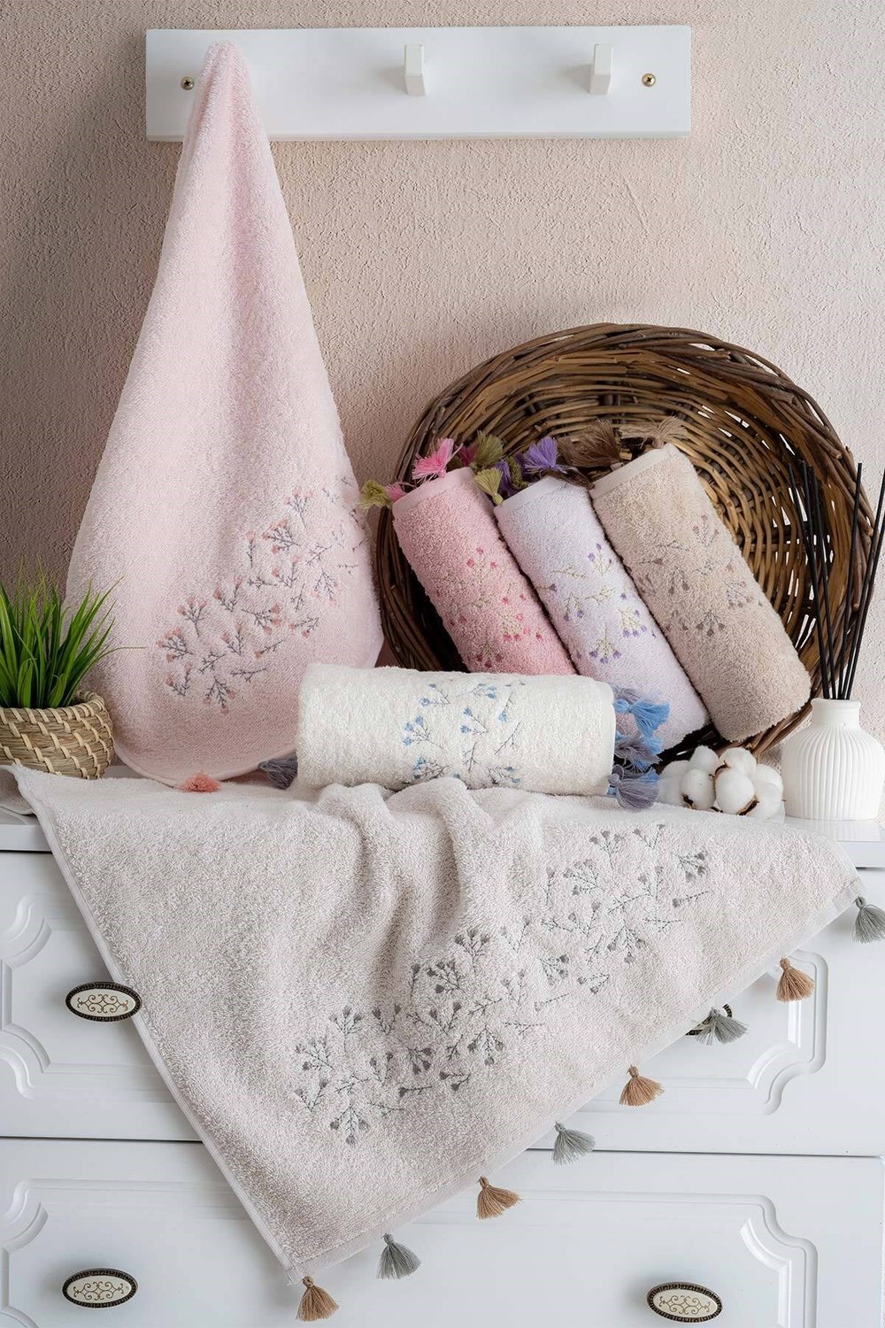 Nurpak Kardelen Nakışlı %100 Pamuk El Havlusu | 6 Adet | 50x90 cm | Günlük Konfor ve Zarif Görünüm