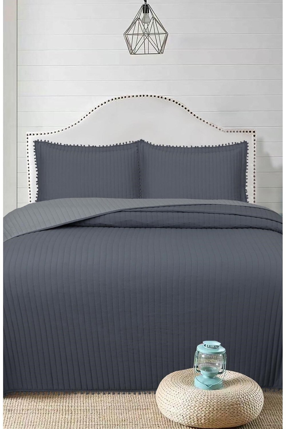 Ponponlu Çift Kişilik 3 Parça Yatak Örtüsü Seti -260x240 cm - Pvc Çantalı - Günlük ve Çeyizlik