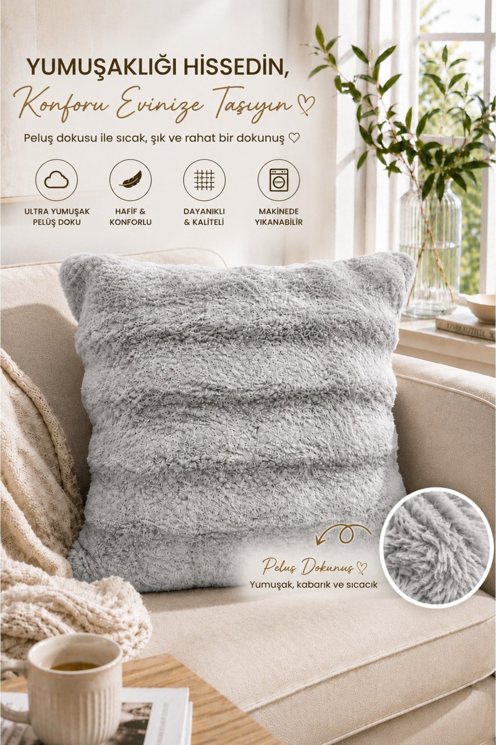 Tavşan Tüyü Kırlent Kılıfı 2'li Set | 45x45 cm | Peluş Yumuşak Dokulu | Dekoratif, Modern ve Şık Tasarım