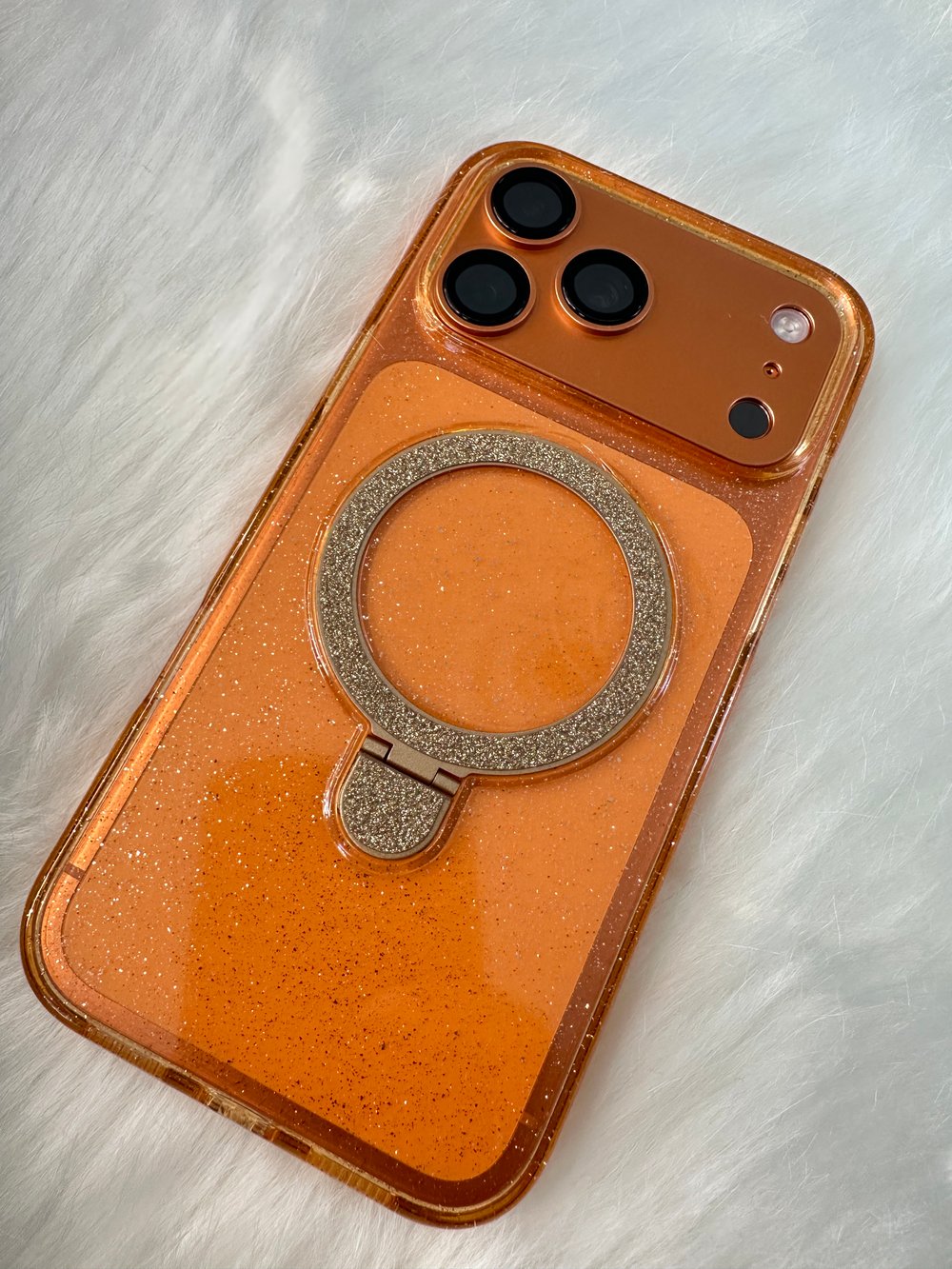 iPhone 17 Pro Max Uyumlu Turuncu Simli MagSafe Halkalı Standlı Telefon Kılıfı