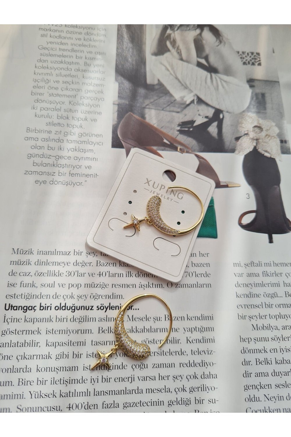 Stella Ay Yıldız Taşlı Gold Küpe