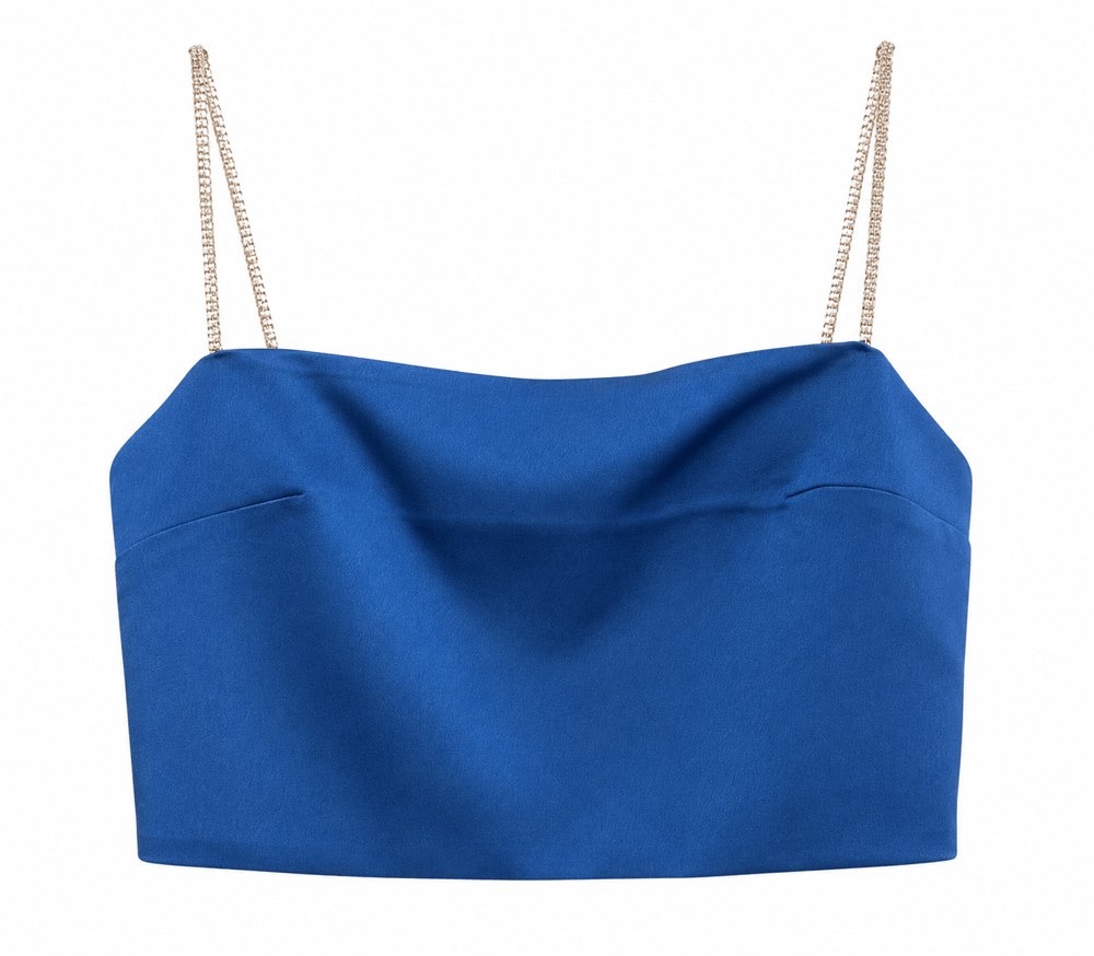 Mavi saten taş askılı crop bluz
