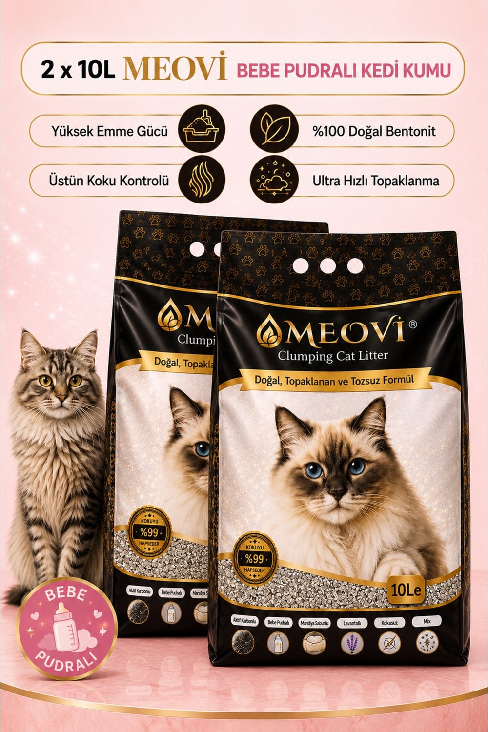 Bebek Pudra Kokulu İnce Taneli Ultra Topaklaşan Tozsuz Premium Kedi Kumu 2x10 Lt.