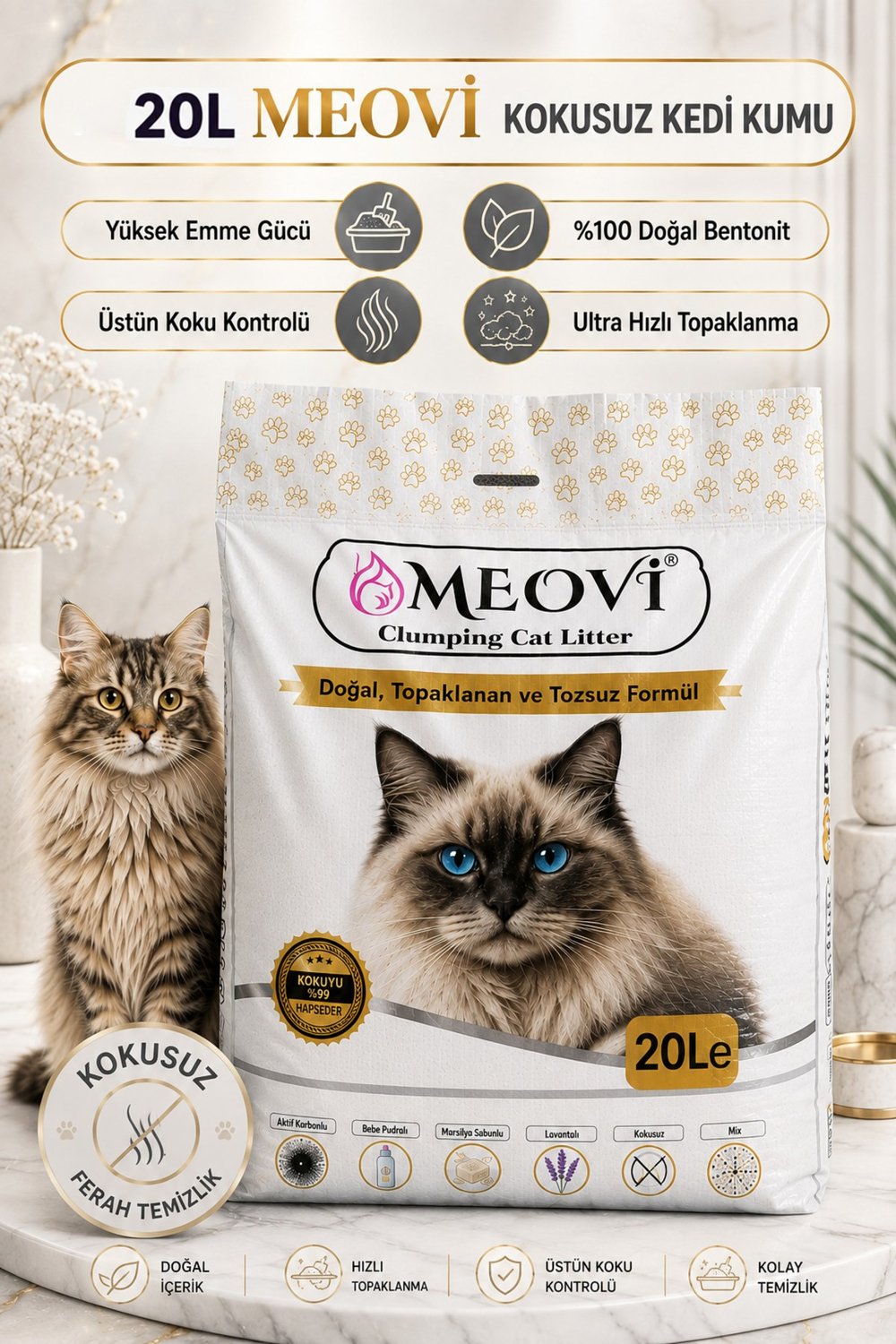 Kokusuz İnce Taneli Ultra Topaklaşan Tozsuz Premium Kedi Kumu 20 Lt.