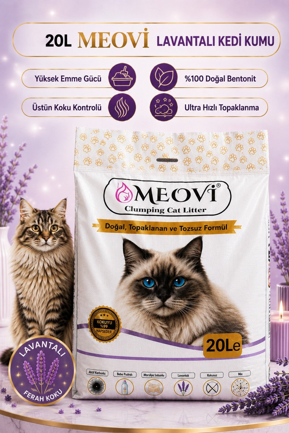 Lavanta Kokulu İnce Taneli Ultra Topaklaşan Tozsuz Premium Kedi Kumu 20Lt.