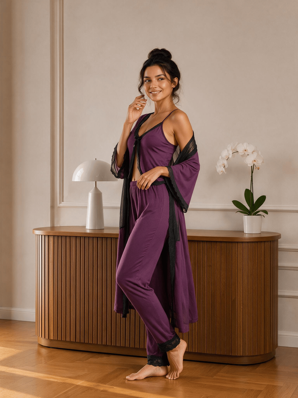 Mürdüm Dantelli Üçlü Pijama Takım
