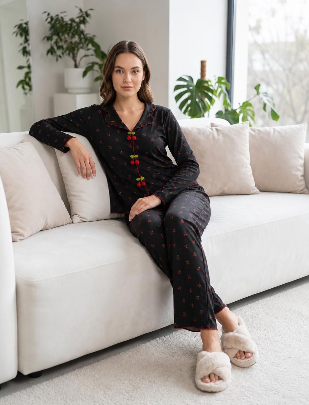 KADIN SİYAH KİRAZ DESENLİ ÖDEN KİRAZ AKSESAUR DETAYLI KAŞKORSE UZUN KOLLU PİJAMA TAKIMI