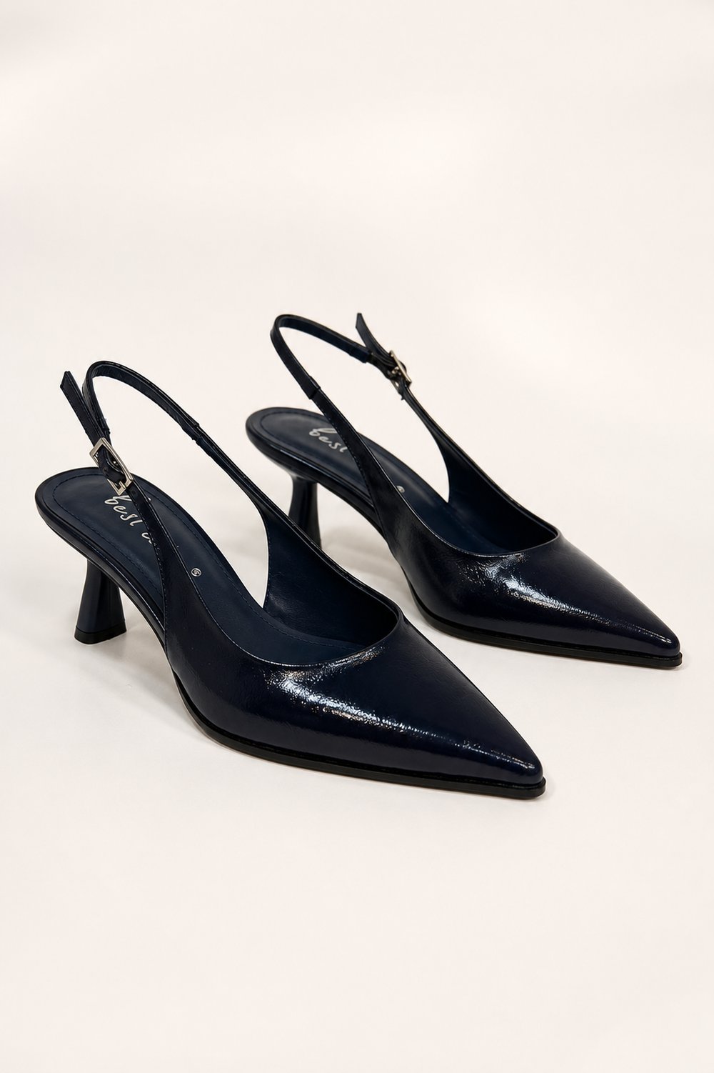 SEELIN Kadın Lacivert Sivri Burun Kırışık Rugan Tokalı  Slingback 7 Cm İnce Topuklu Ayakkabı