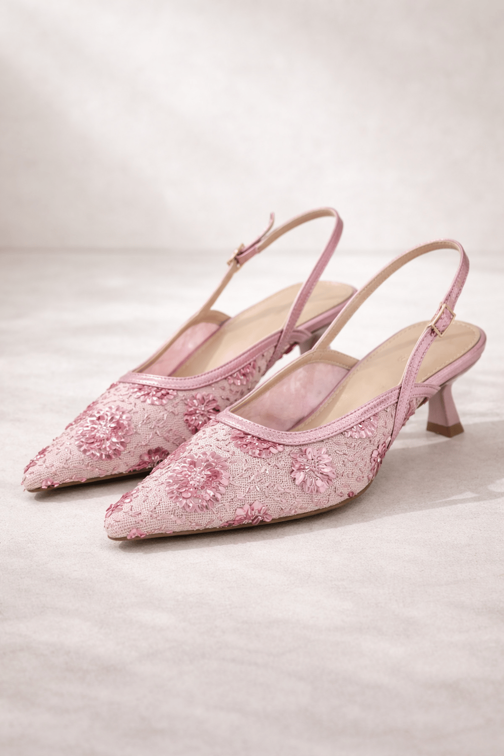 ROSABELLA Kadın Pembe Pul Boncuk İşlemeli Tül Detaylı İnce Topuklu Slingback Abiye Ayakkabı