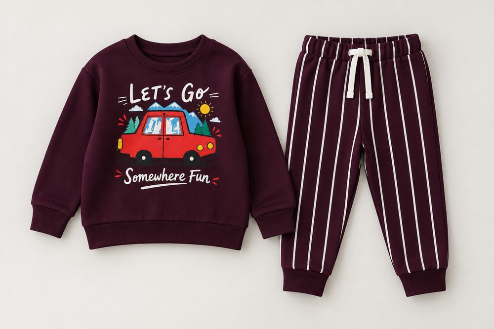 Erkek Çocuk  Araba Lets Go Somewhere Fun Baskılı Çizgili İkili Takım