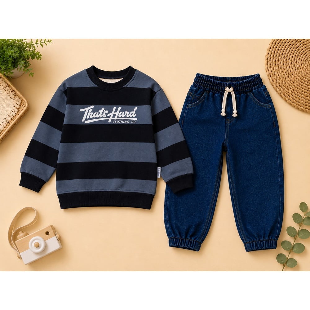 Erkek Çocuk Çizgili Sweatshirt ve Kot Pantolon İkili Takım