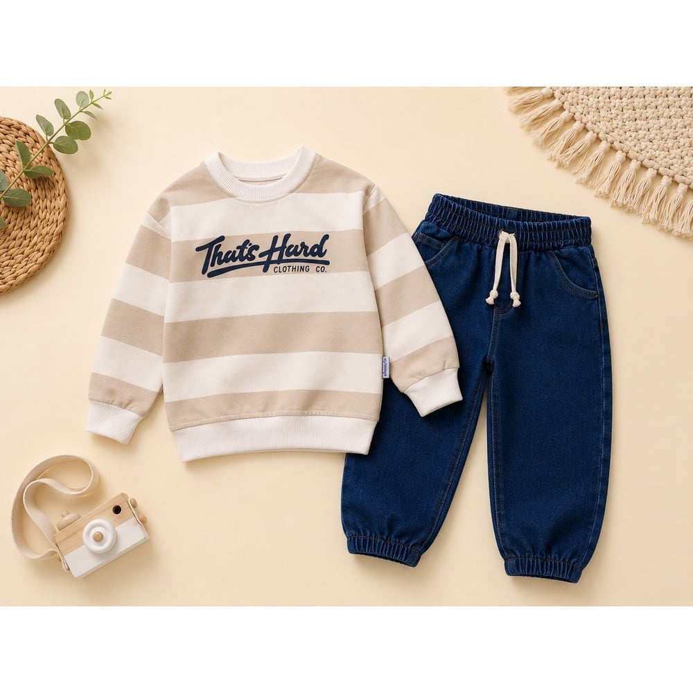 Erkek Çocuk Çizgili Sweatshirt ve Kot Pantolon İkili Takım