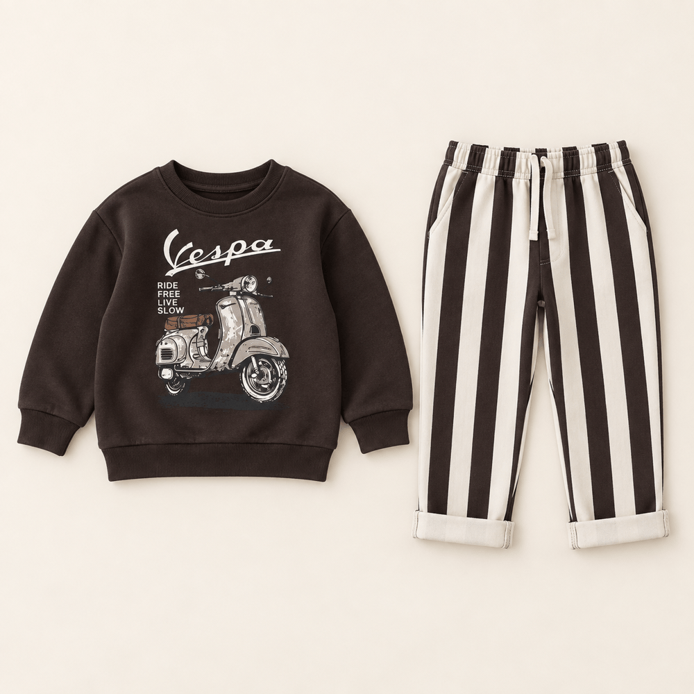 Erkek Çocuk Klasik Vespa Ride Free Live Slow Baskılı Çizgili İkili Takım