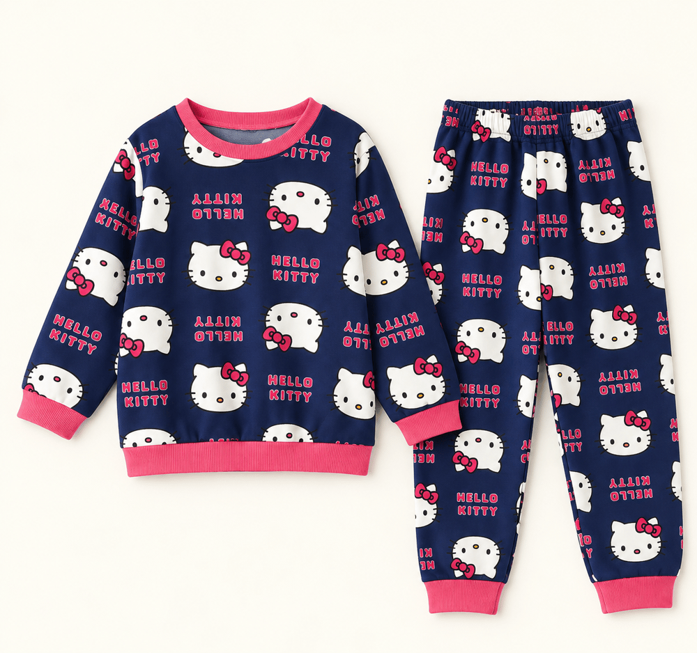 Kız Çocuk Hello Kitty Desenli Ribanalı İkili Pijama Takımı