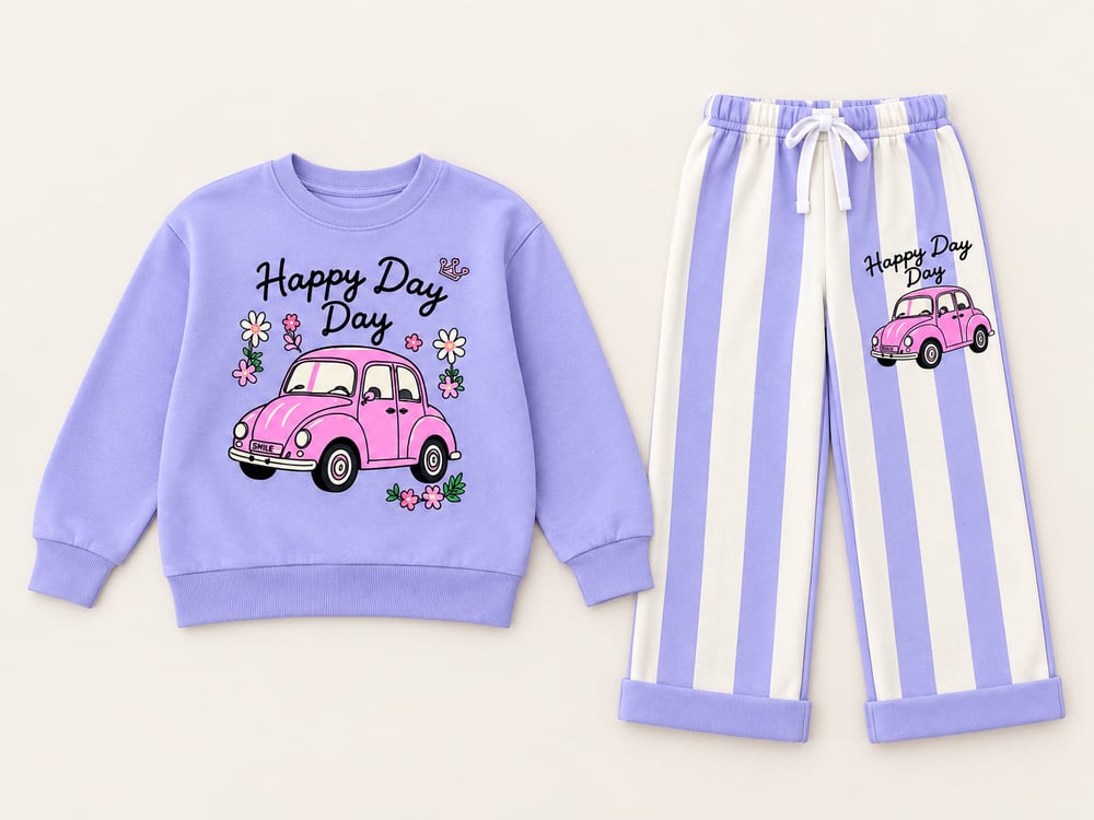Kız Çocuk Pembe Vosvos Happy Day Baskılı Çizgili Geniş Paça İkili Takım