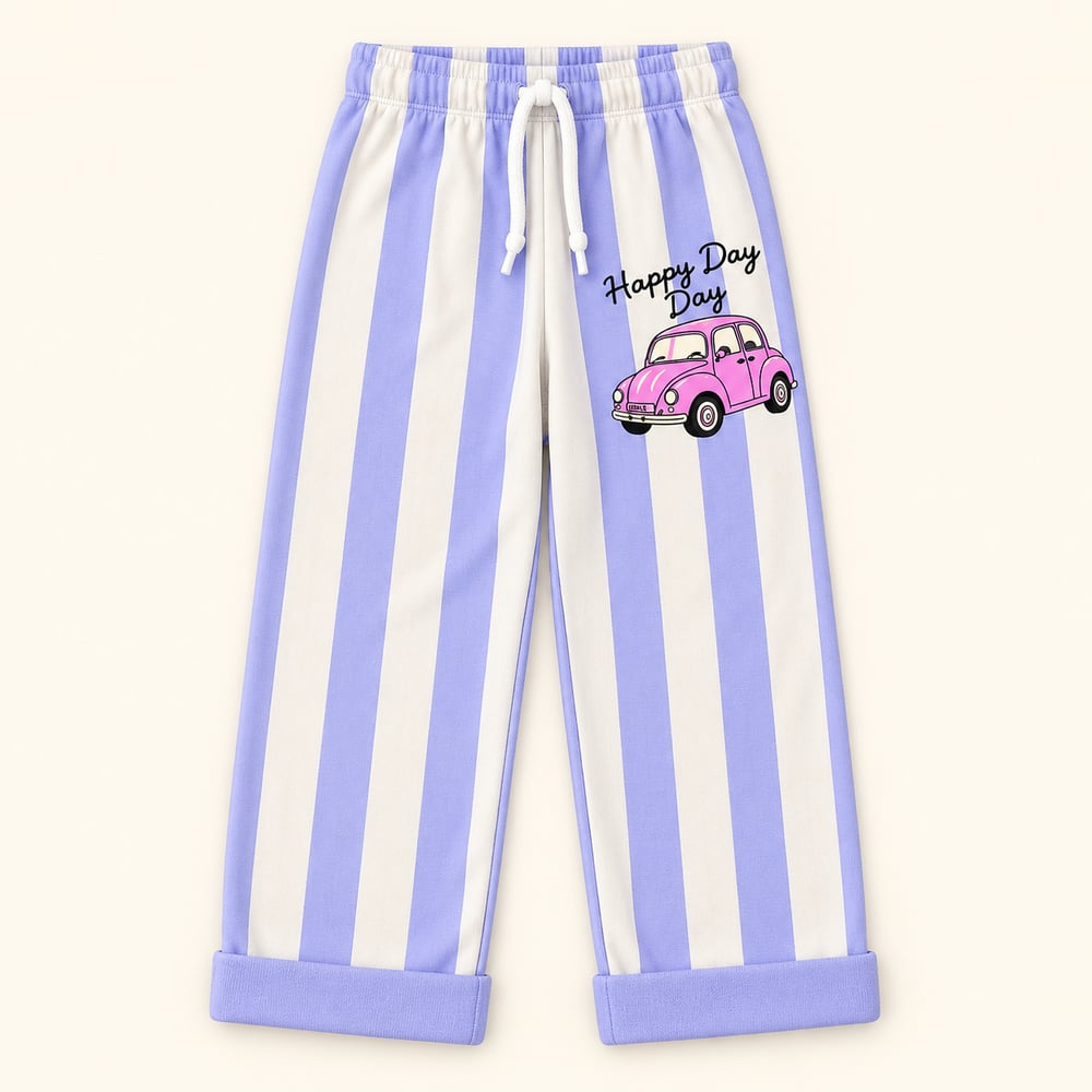 Kız Çocuk Pembe Vosvos Happy Day Baskılı Çizgili Geniş Paça İkili Takım