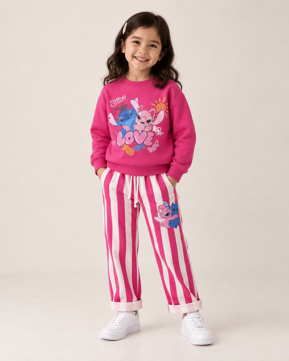 Kız Çocuk Stitch & Angel LOVE Baskılı Çizgili Geniş Paça İkili Takım