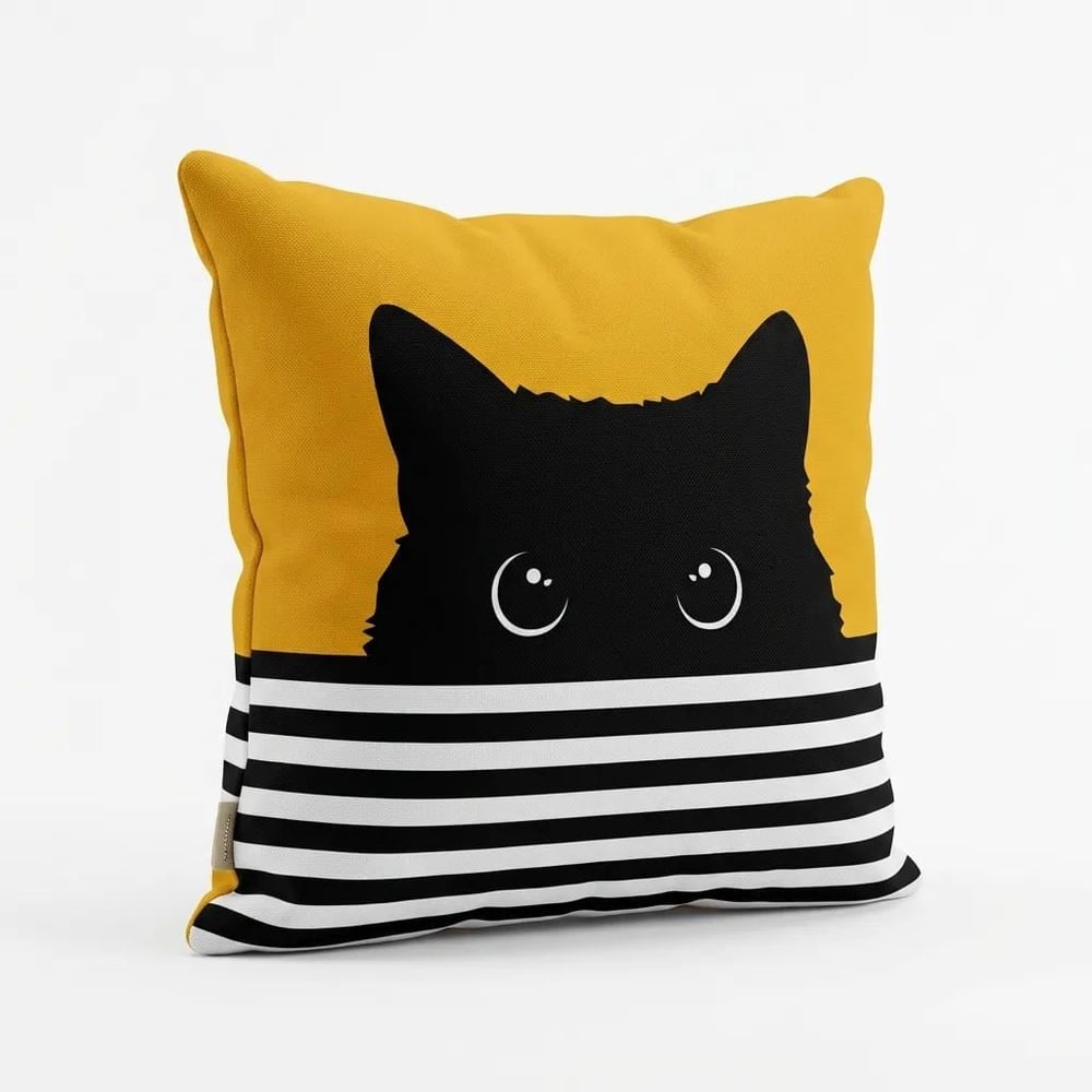 Siyah Kedi Desenli Dekoratif Kırlent Kılıfı 45x45 cm Gizli Fermuarlı Petek Kumaş Dijital Baskılı Modern Yastık Kılıfı
