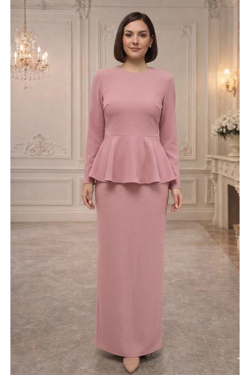 İthal Krep Kumaş,Peplum Kesim Tesettür Abiye Elbise – Pudra / Lacivert / Bordo