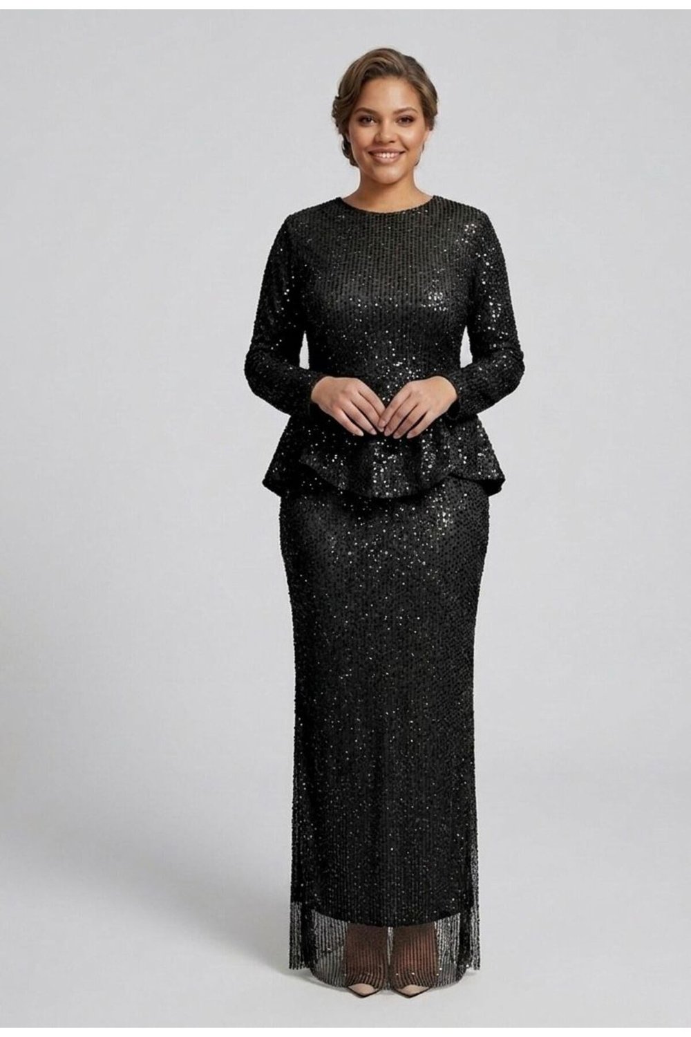 Noveradress Işıltılı Kesme Boncuk Payet Kumaş Zarif Peplum Tesettür Abiye - Gold/Siyah/Lacivert