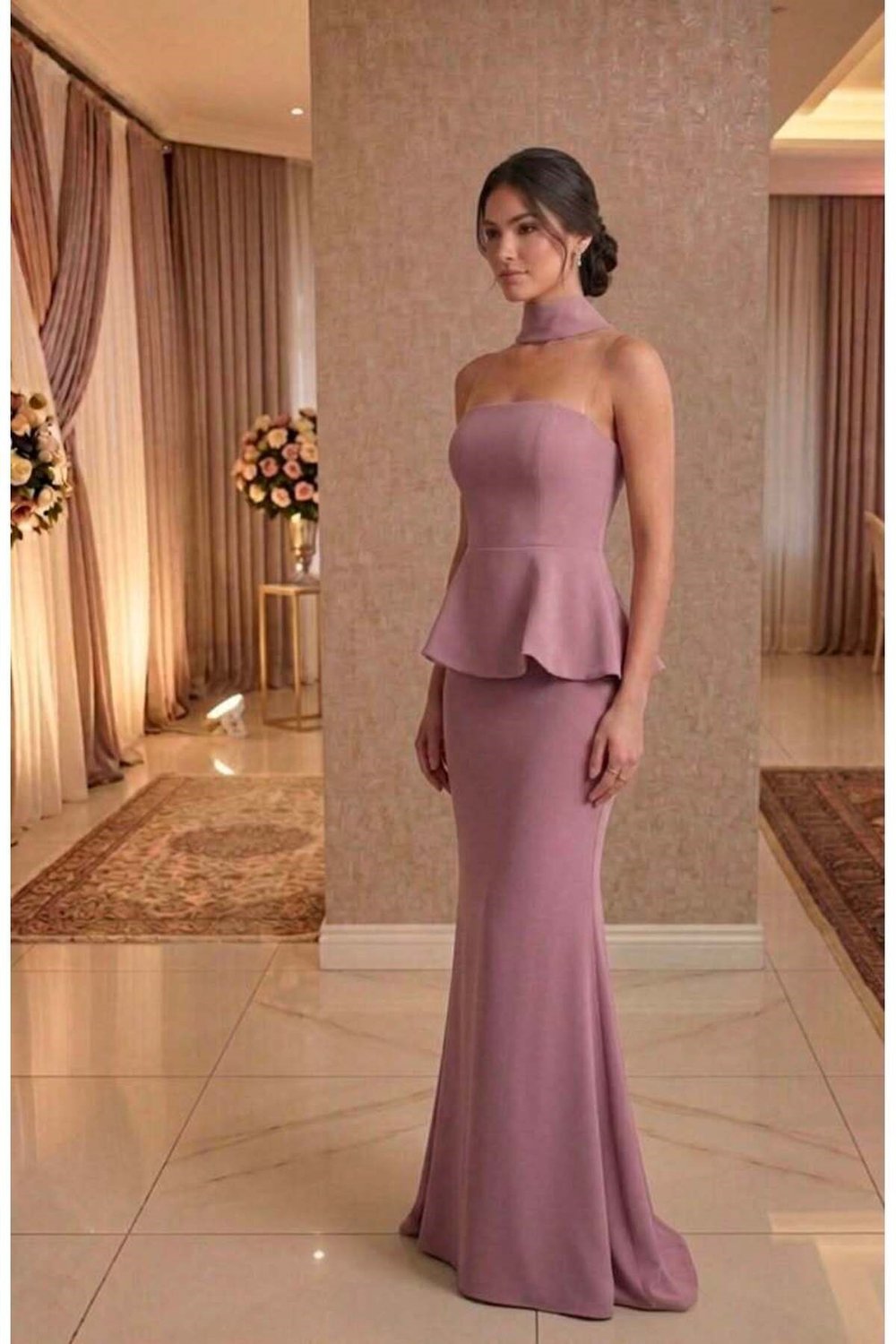 Pudra Pembesi Straplez Peplum Şal Detaylı Balık Abiye Elbise