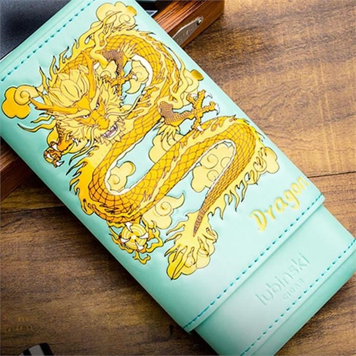 Lubinski Special Edt. Elegant Dragon Gerçek Deri Üçlü Sedirli Puro Kılıfı - Turkuaz(52 Ring)
