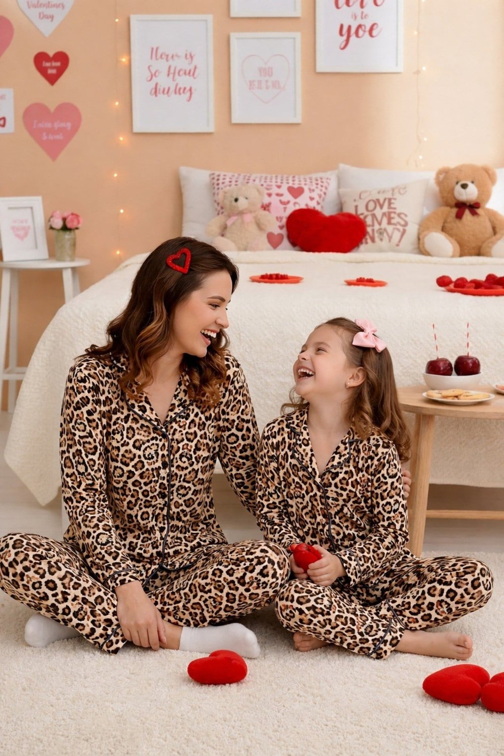 Anne-Kız Leopar Desenli Düğmeli Örme Uzun Kollu Pijama Takımı