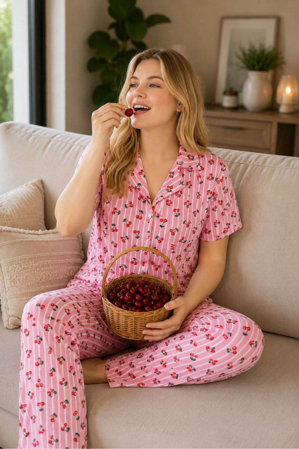 Büyük Beden Cizgili Kiraz Desen Milan Düğmeli Pijama Takımı