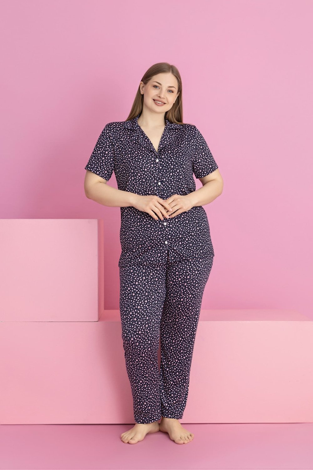 Büyük Beden Minik Yıldız Desen Milan Düğmeli Pijama Takımı